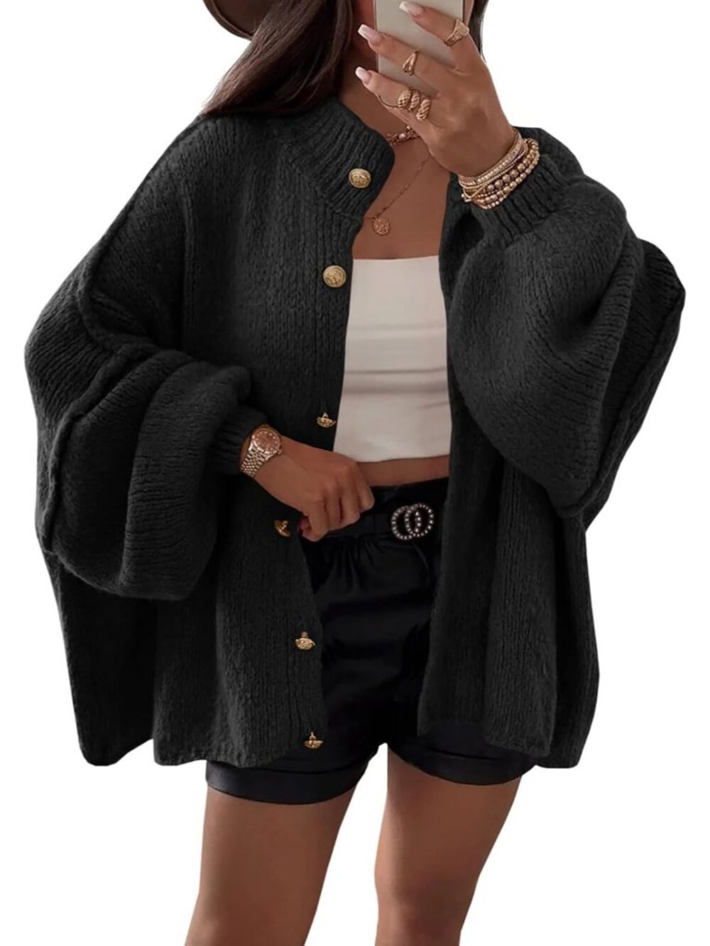 Women's Black Lantern Sleeve Button Down Casual Chunky Knit Cardigan Sweater